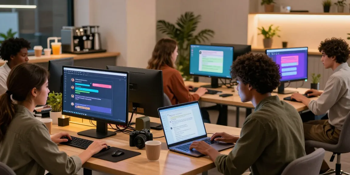 Explore AI NSFW chat interactions in a modern workspace setting with diverse users engaging with advanced technologies.