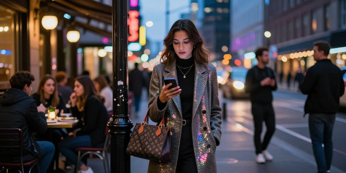 Gái gọi trong không gian phố thị sôi động, ánh đèn neon phía sau, tạo bầu không khí vui tươi