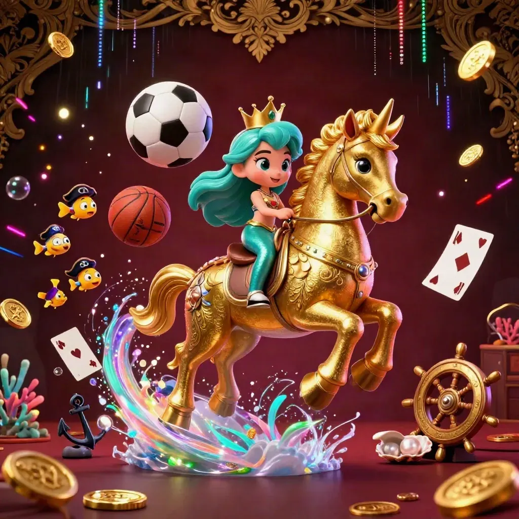 Mermaid princess on armored seahorse amid casino sports chaos, balls, coins, and glowing coral.