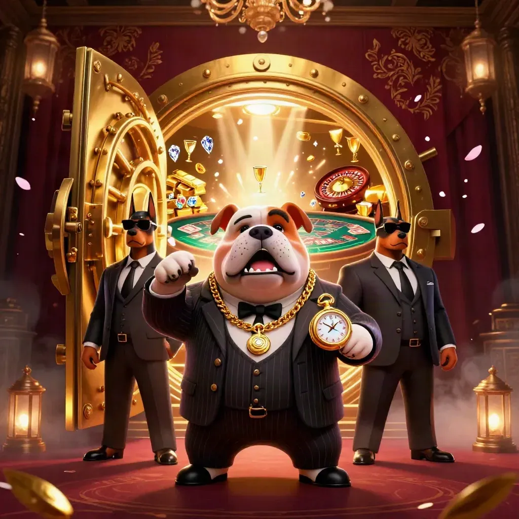 Bulldog boss and Dobermans amid vault gold, roulette spin, and casino glow.