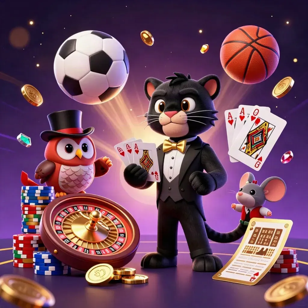 Cartoon panther, owl, and mouse amid casino chips, roulette, and flying sports balls