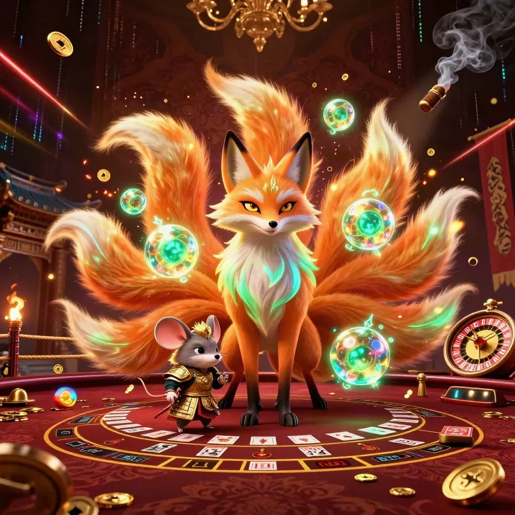 Neon fox spirit and samurai mouse in a luxe casino-temple scene with glowing effects.