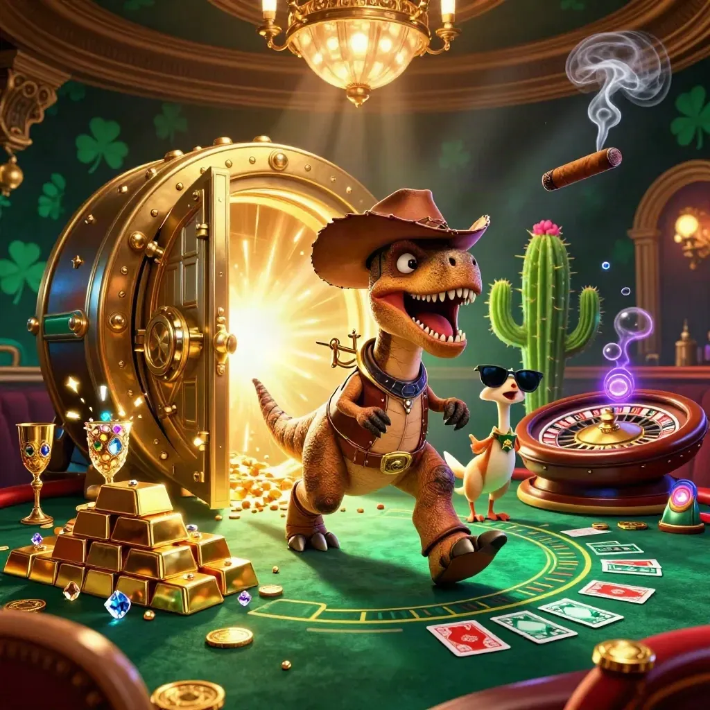 Cowboy T-Rex, cactus sidekick, and roadrunner amid a glowing vault in a luxe casino scene.