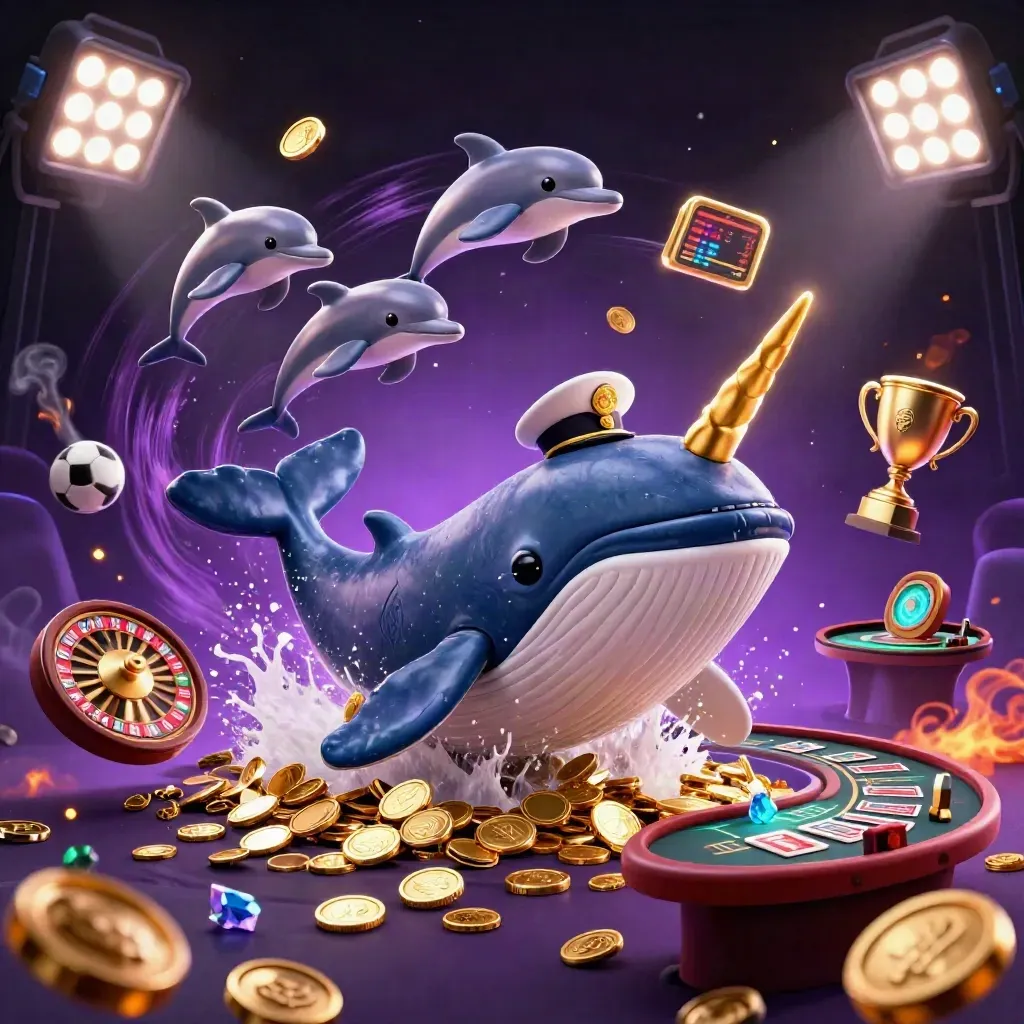 Whale captain, narwhal, and dolphins in a neon casino sea with coins, balls, and trophy