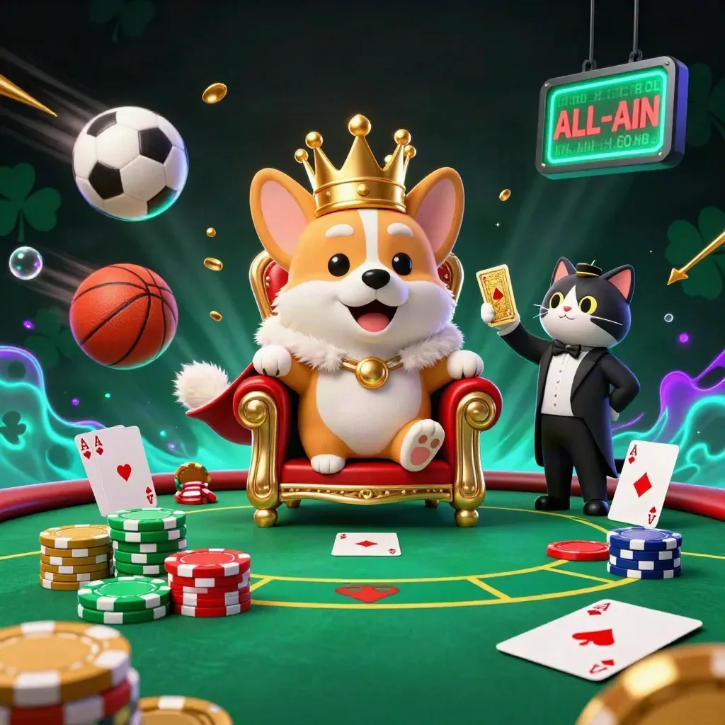 Royal corgi and cat butler amid flying chips, balls, and neon casino glow in a dark emerald jackpot scene