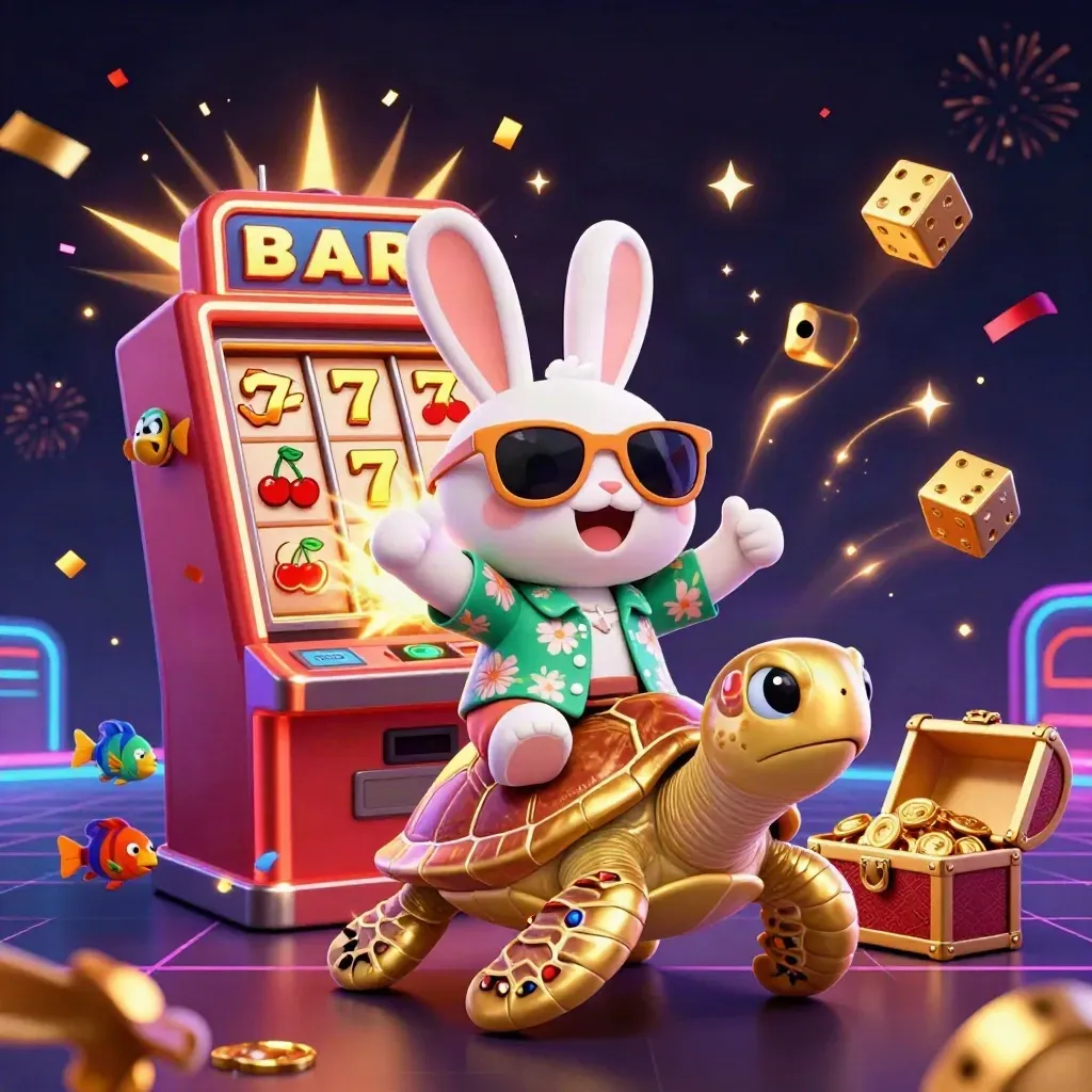 Lucky rabbit rides golden sea turtle amid casino bursts, gems, confetti, and neon glow.