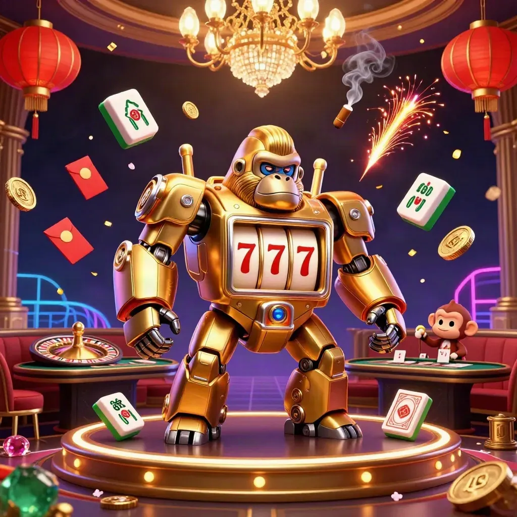 Golden gorilla mech with monkey pilot amid casino glow, lanterns, fireworks, cards, roulette spin.