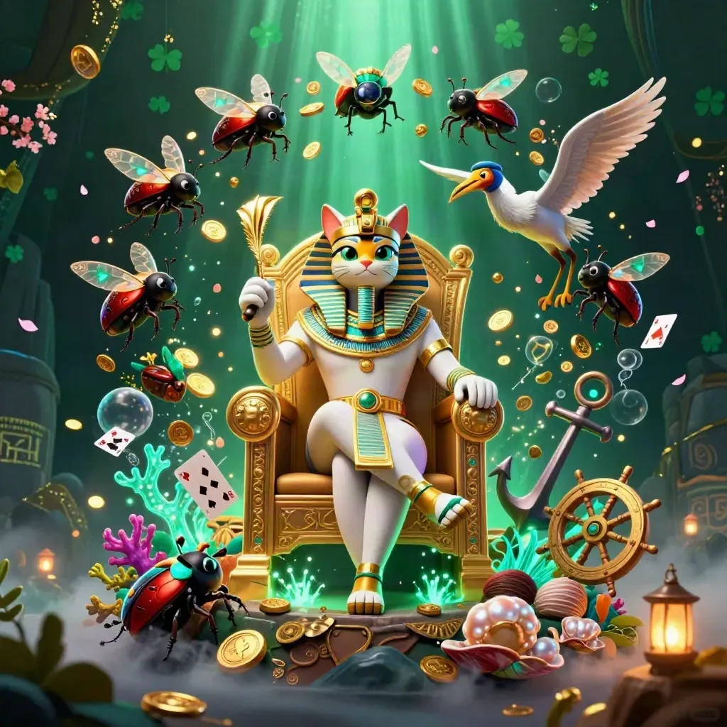 Pharaoh cat, ibis scribe and gem-winged scarabs in a neon green treasure cove splash scene.