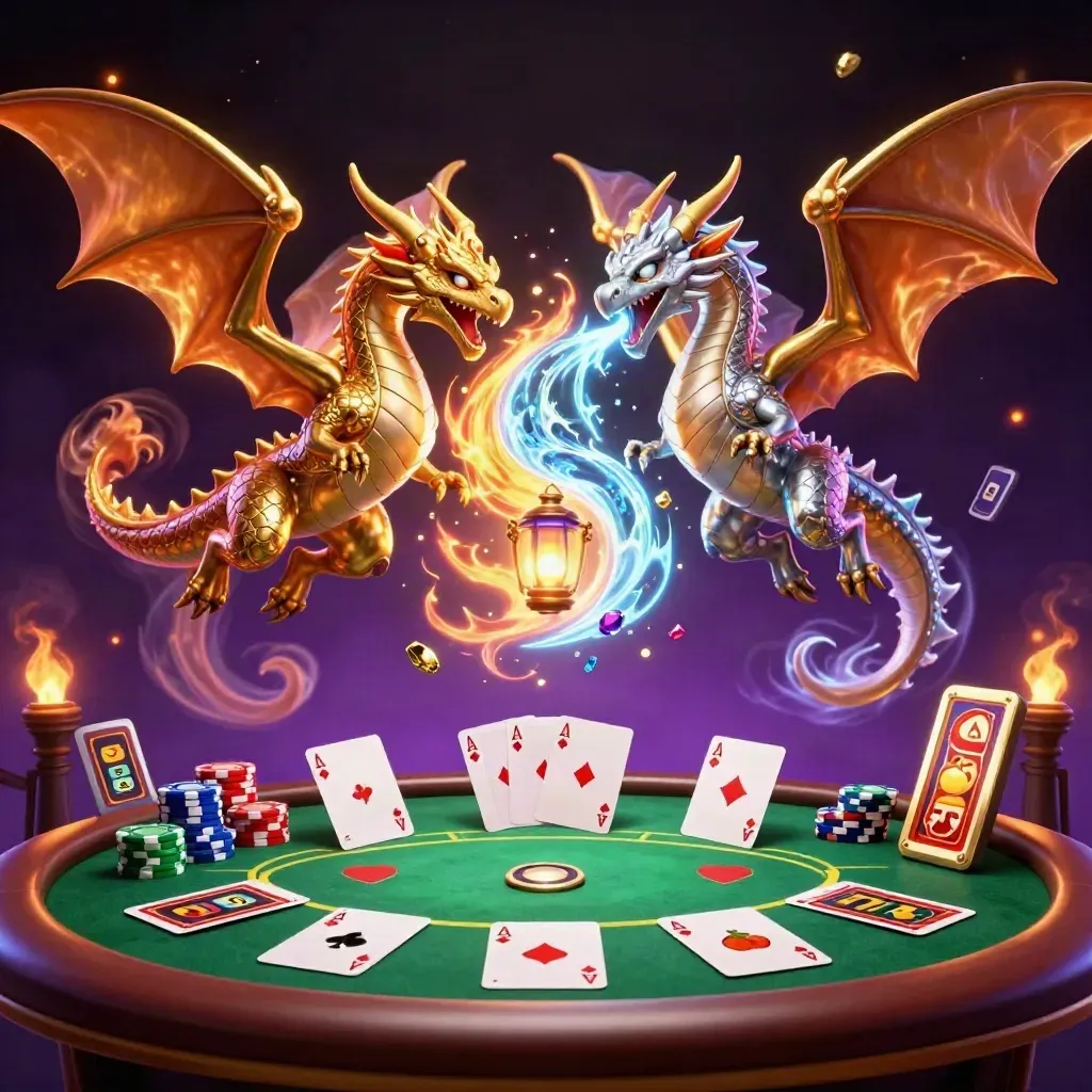 Gold and silver dragons swirl above casino chips, cards, and glowing treasure in a neon casino fantasy.