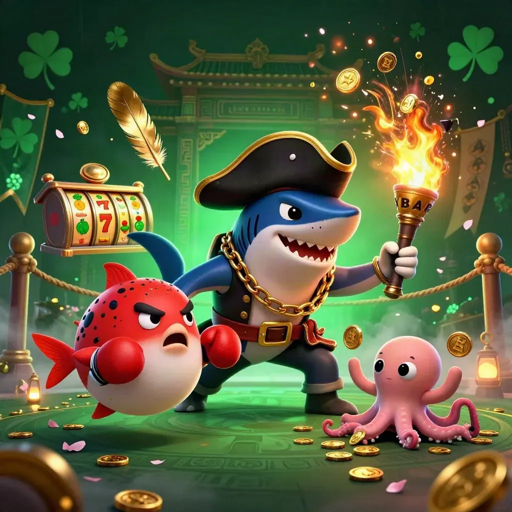 Pirate shark, pufferfish, and baby octopus in a glowing casino-fantasy battle scene.
