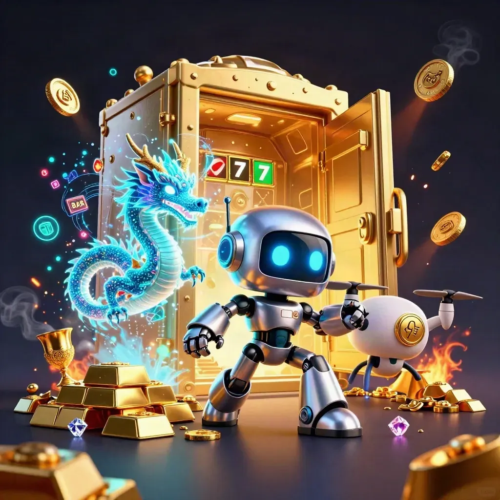 Cyberpunk robot, holographic dragon and coin drone erupt from a golden vault with treasure