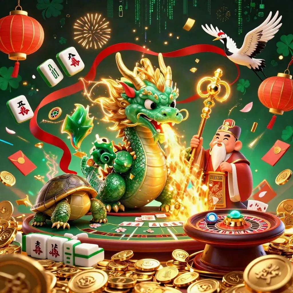 Jade dragon, turtle sage, and cranes amid coins, fireworks, roulette spin, and casino riches