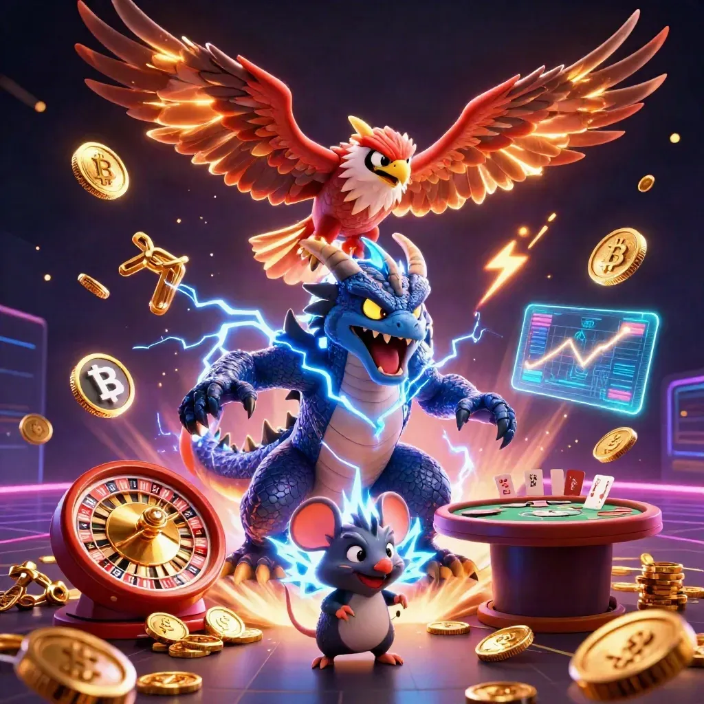 Thunder dragon, wind hawk, and static mouse burst amid coins, roulette, cards, and casino glow.
