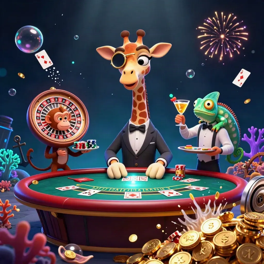 Giraffe, monkey, and chameleon at a glowing casino table amid coins, coral, and fireworks.