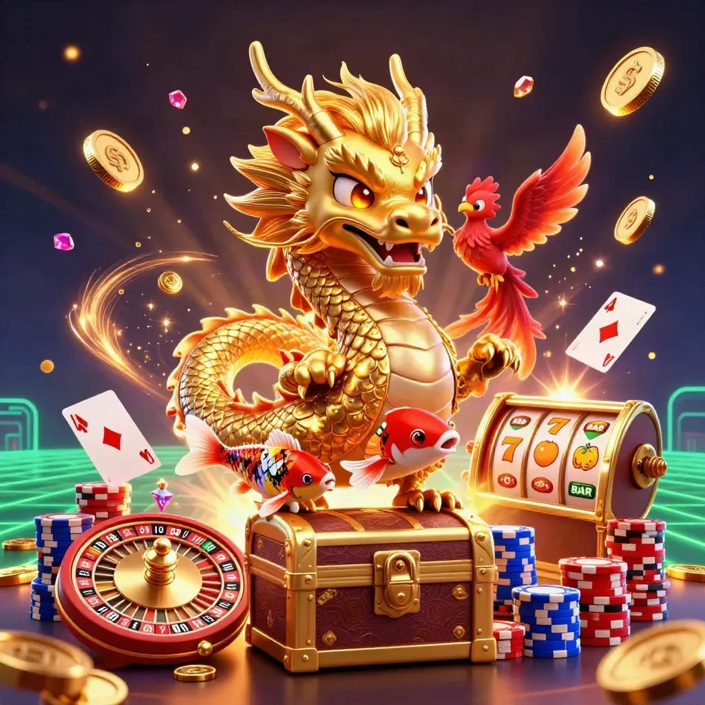 Golden dragon, phoenix, koi, roulette wheel and chips exploding in a neon casino scene.