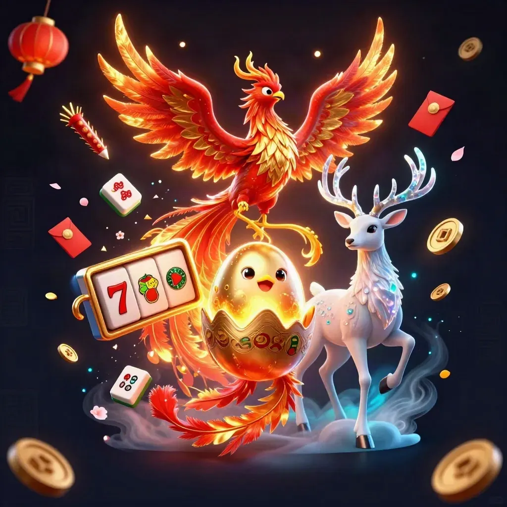 Phoenix, hatchling, and crystal stag amid casino symbols and glowing jackpot effects.