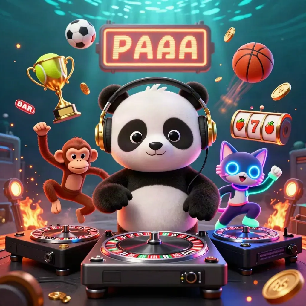 DJ panda, monkey, and glow-stick kitten amid roulette wheels, coins, and casino effects.
