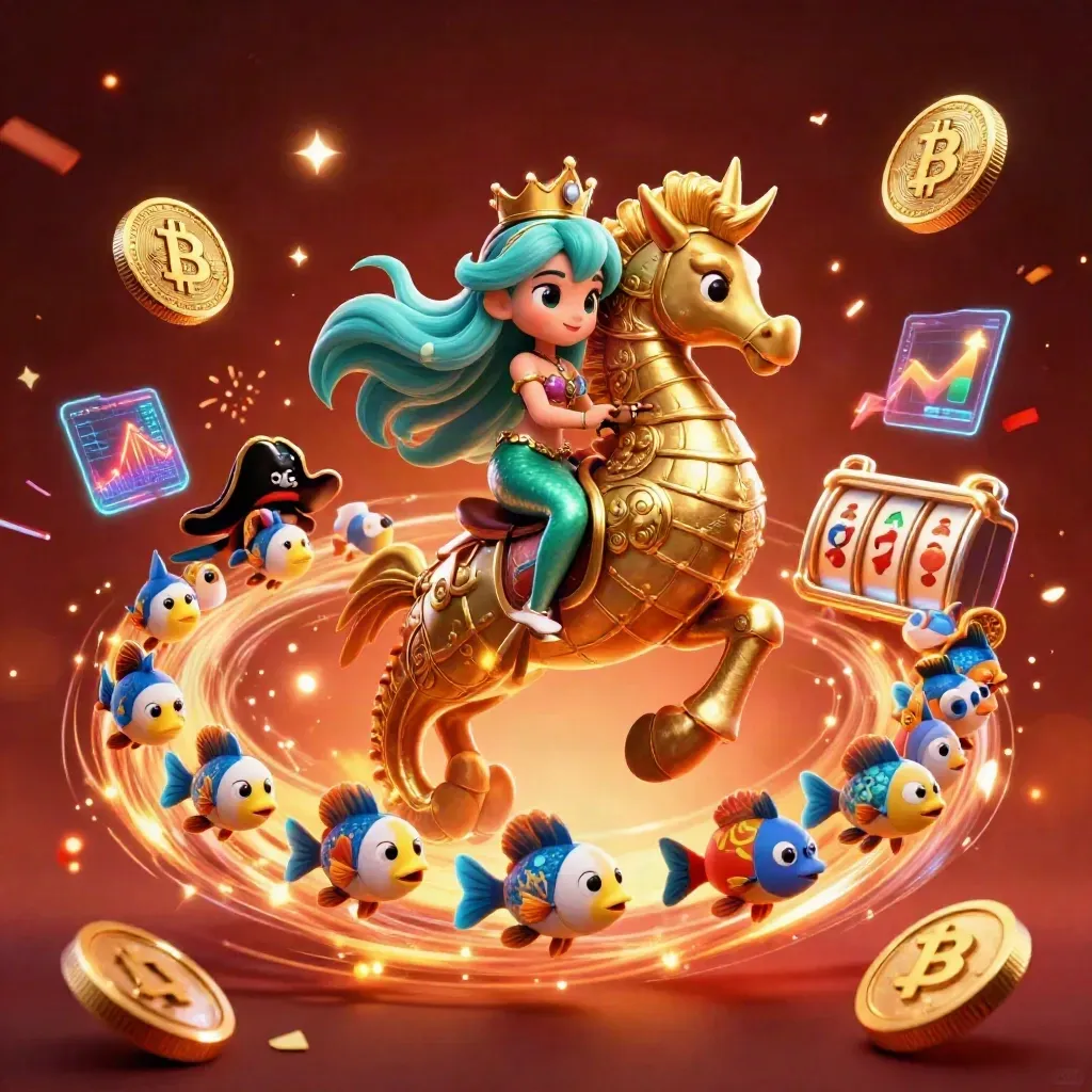Mermaid princess on golden seahorse with pirate fish amid casino coins and neon lightning.