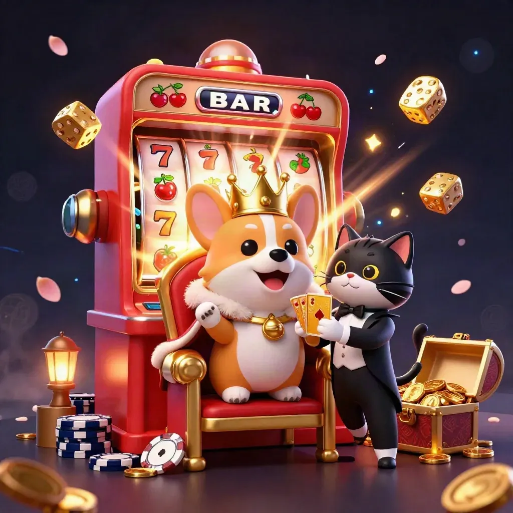 Royal corgi and cat butler amid jackpot slots, gold coins, dice, and glowing casino magic